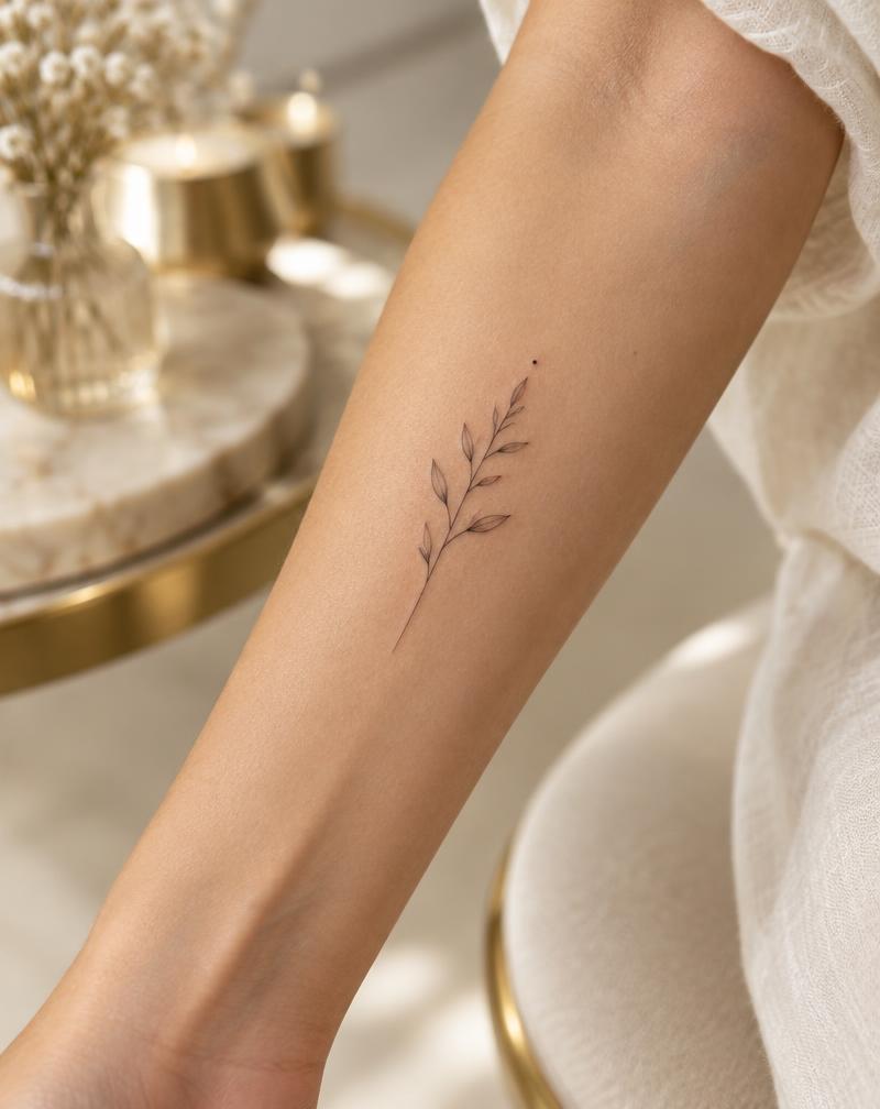 Tatuagem fineline de ramo botânico no antebraço