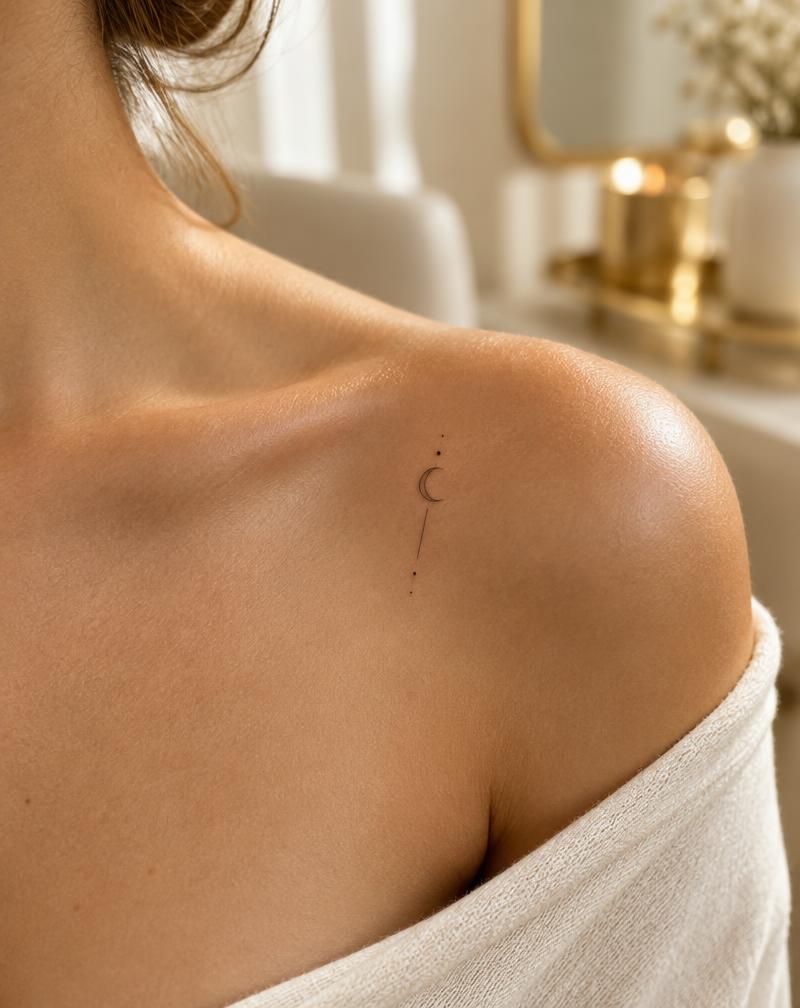 Tatuagem fineline de crescente lunar no ombro