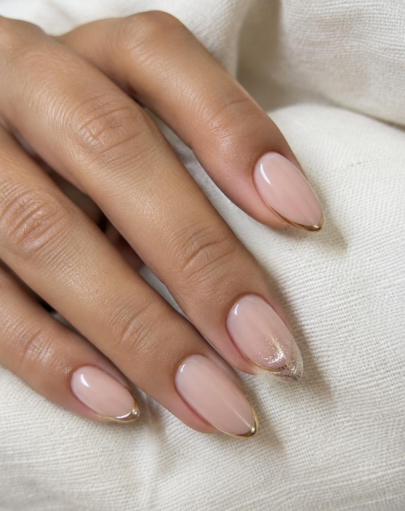 Manicure nude com contorno dourado